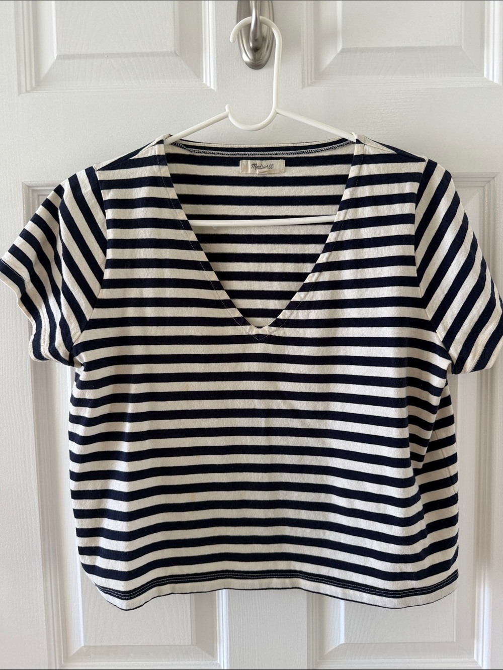 Madewell Navy & White Striped V-Neck Crop Tee